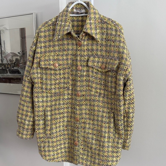 Glamorous Jackets & Blazers - Glamorous Yellow and Gray Women's tweed Shirt Jacket